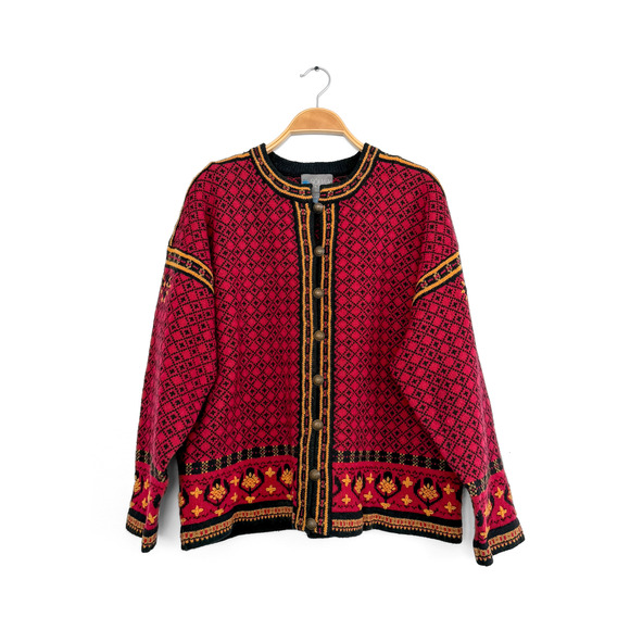 Squaw Valley Scandinavian Wool Knit Cardigan in Red Nordic Floral Fair Isle - Picture 8 of 8